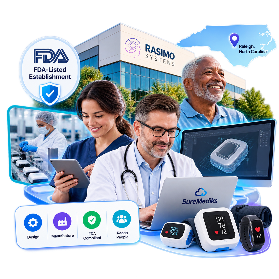 Rasimo Systems in Raleigh, North Carolina - an FDA-listed establishment. Devices in manufacture, clinicians reviewing patient data on the SureMediks platform, an older patient, connected blood-pressure, pulse-oximetry and smart-ring devices, and the company's four commitments: design, manufacture, FDA compliance and reaching people.