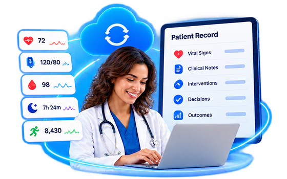 A clinician working in the patient record while documentation accrues alongside the care