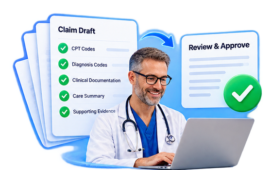 A prepared claim draft with its supporting documentation, awaiting the provider's review and approval