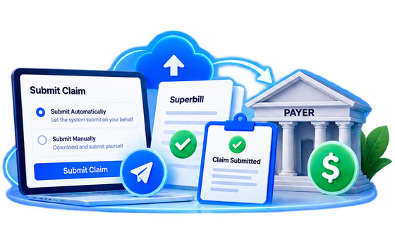 A claim ready to file either way &mdash; handed over as a superbill, or submitted to the payer