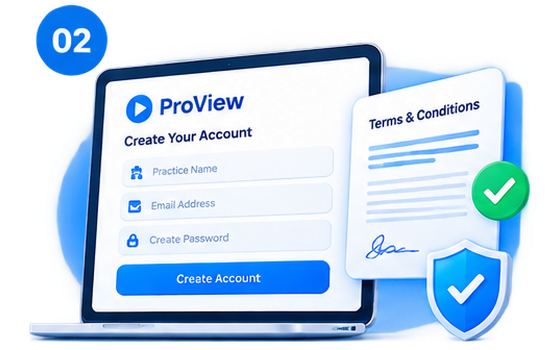 A ProView account being opened and the practice listed