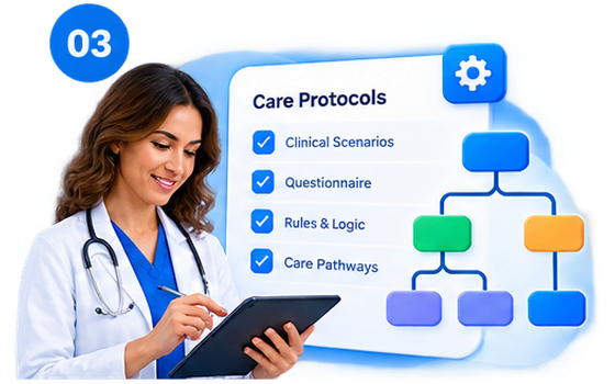 A clinician answering the clinical-scenario questionnaire that becomes the practice's rules, beside a decision tree