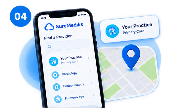 The practice appearing in the provider list inside the SureMediks patient app