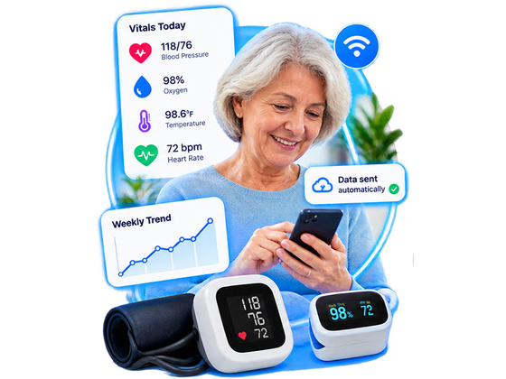 Remote Patient Monitoring - a patient reviewing vitals on her phone beside a connected blood-pressure cuff and pulse oximeter, with today's readings and a weekly trend transmitted automatically.
