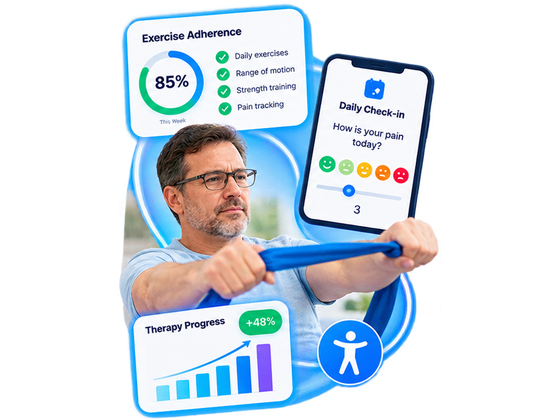 Remote Therapeutic Monitoring - a patient working through a resistance-band exercise, with adherence to the prescribed exercises, strength and pain tracking, therapy progress and a daily check-in.