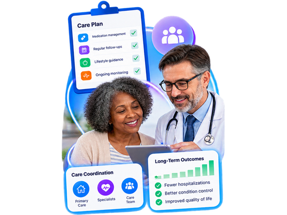 Chronic Care Management - a clinician and patient reviewing a shared care plan covering medication management, regular follow-ups and ongoing monitoring, with care coordination across the primary care, specialist and care teams.