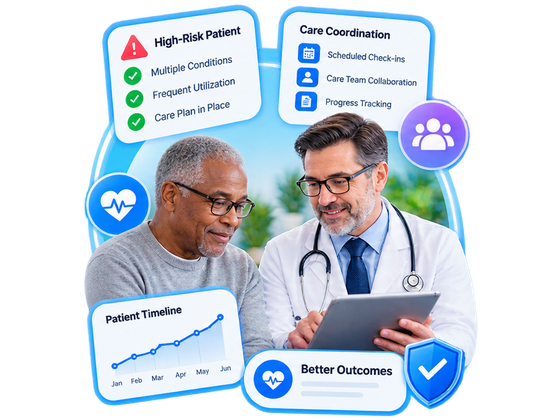 Principal Care Management - two clinicians reviewing a high-risk patient on a tablet, with the patient timeline, scheduled check-ins, care-team collaboration and progress toward better outcomes.