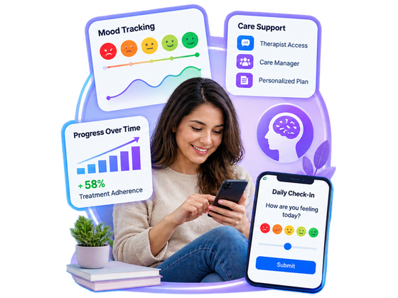 Behavioral Health Integration - a patient completing a daily mood check-in on her phone, with mood tracking over time, therapist access, a care manager, a personalized plan and treatment adherence.