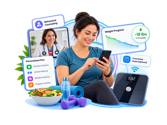 Intensive Behavioral Therapy for Obesity - a patient in a behavioural counselling session on her phone alongside a connected body-composition scale, a personalized plan covering nutrition guidance, activity planning, mindset coaching and progress tracking, and a weight-progress chart showing 18 pounds lost over 12 weeks.