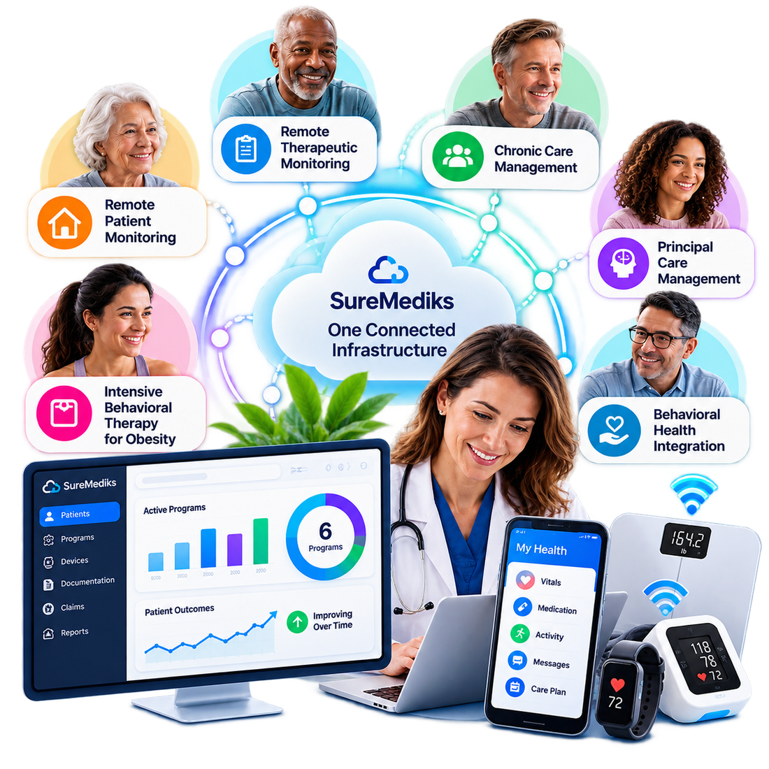 One connected SureMediks infrastructure at the centre of six longitudinal-care programs - Remote Patient Monitoring, Remote Therapeutic Monitoring, Chronic Care Management, Principal Care Management, Behavioral Health Integration and Intensive Behavioral Therapy for Obesity - surrounding a ring of patients, with a provider dashboard, patient app and connected devices below.