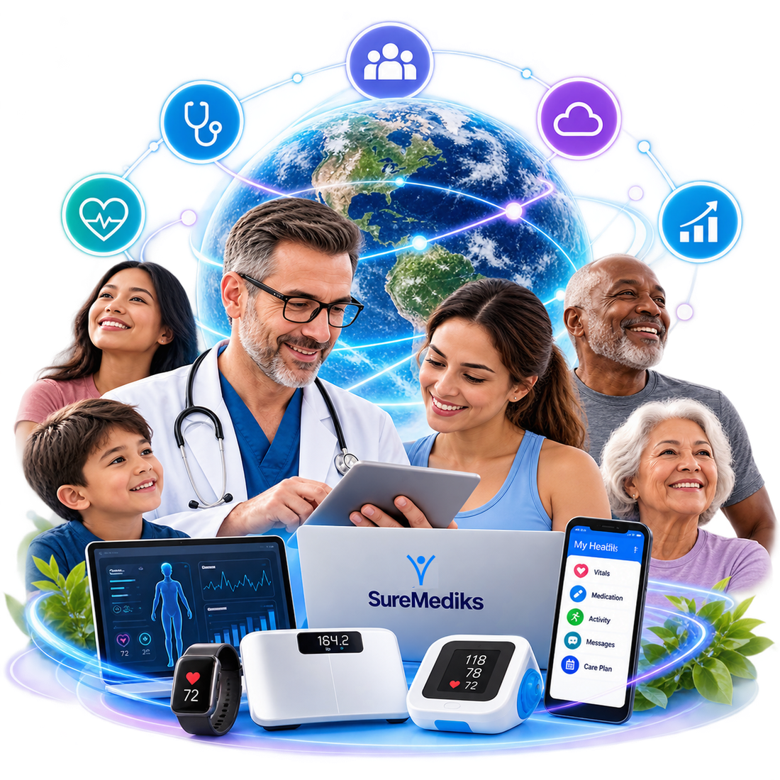 People of every age and background around a connected globe - a child, a young woman, a clinician, an older man and an older woman - with the SureMediks platform, a body-composition scale, blood-pressure monitor, smart ring and patient app linking care across the world.