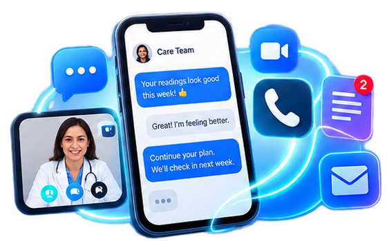 A phone showing secure messaging, a voice call and a video visit with a clinician