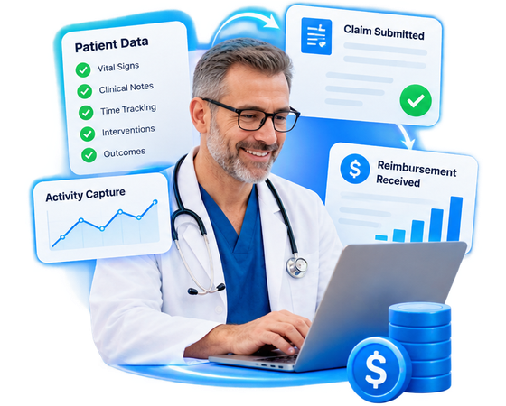 A clinician capturing activity and vitals in the patient record, with the claim submitted and the reimbursement received