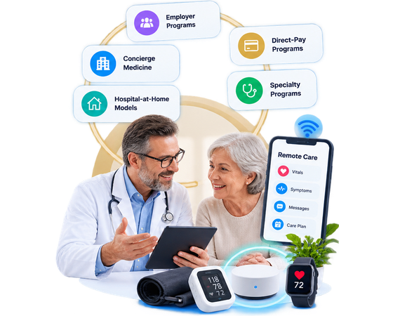 A clinician with a patient in a premium care setting, surrounded by concierge, employer and specialty program options and home devices