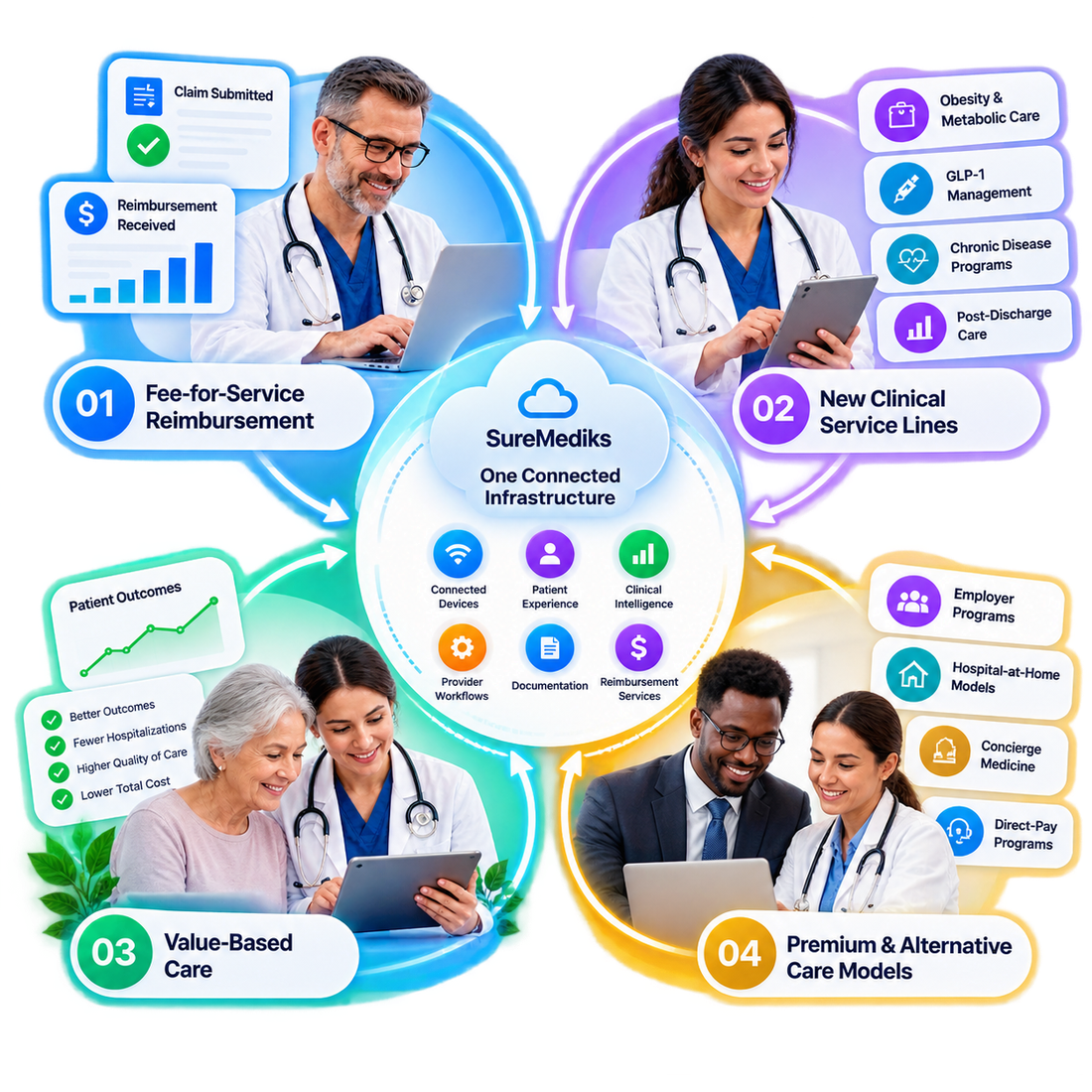 The four economic pathways arranged around one SureMediks infrastructure - fee-for-service reimbursement, new clinical service lines, value-based care and premium or alternative care models, all drawing on the same connected devices, patient experience, clinical intelligence, provider workflows, documentation and reimbursement services