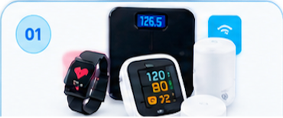 Step 01: connected medical devices &mdash; a smart watch, blood-pressure monitor, glucose meter and smart ring.