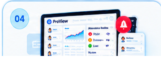 Step 04: the ProView clinical workspace with a patient list, trend chart and Attention Index.