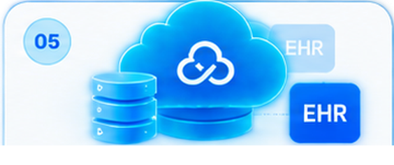 Step 05: data stores connecting through a cloud to EHR systems.