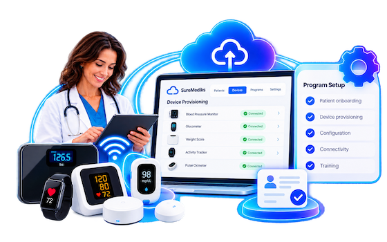 A care team member setting up a program - connected devices being provisioned, configuration checked off, and the patient onboarded