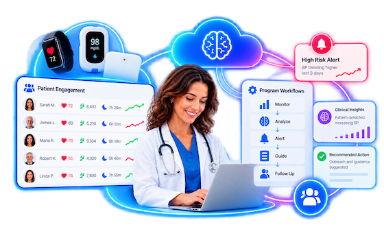 A clinician working a live patient panel, with program workflows, guidance and follow-up running alongside it