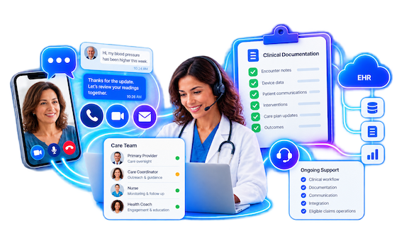 A clinician supported across messaging, calls and video while clinical documentation is captured beside the record
